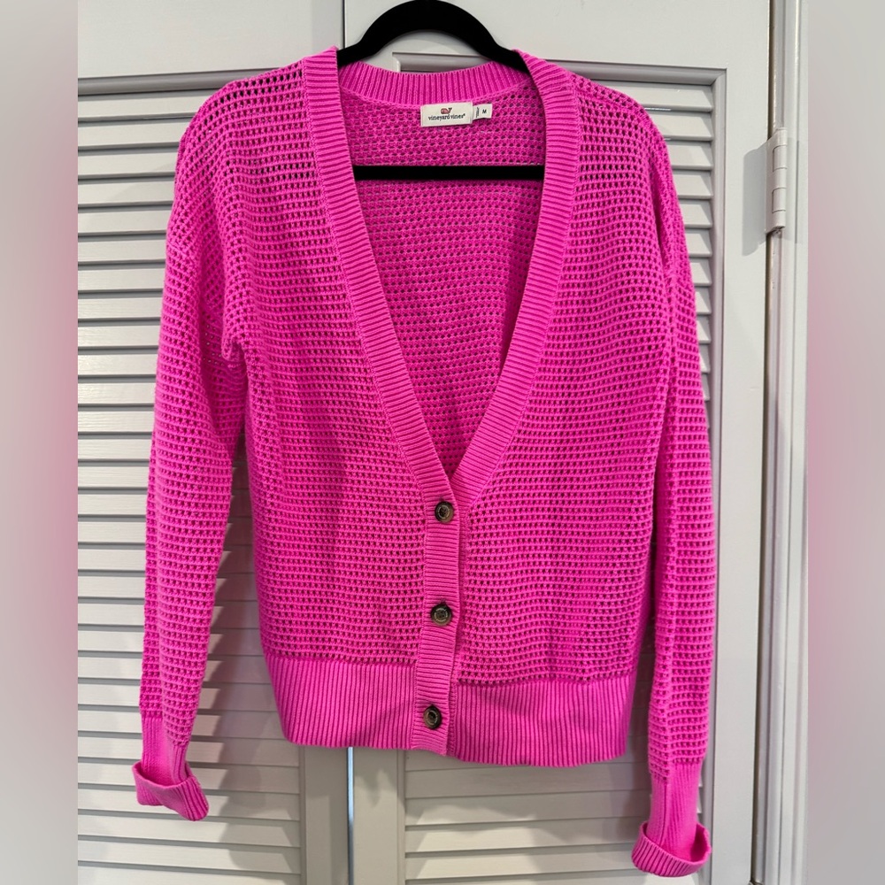 Vineyard Vines Bright Pink Open-Weave Button Cardigan